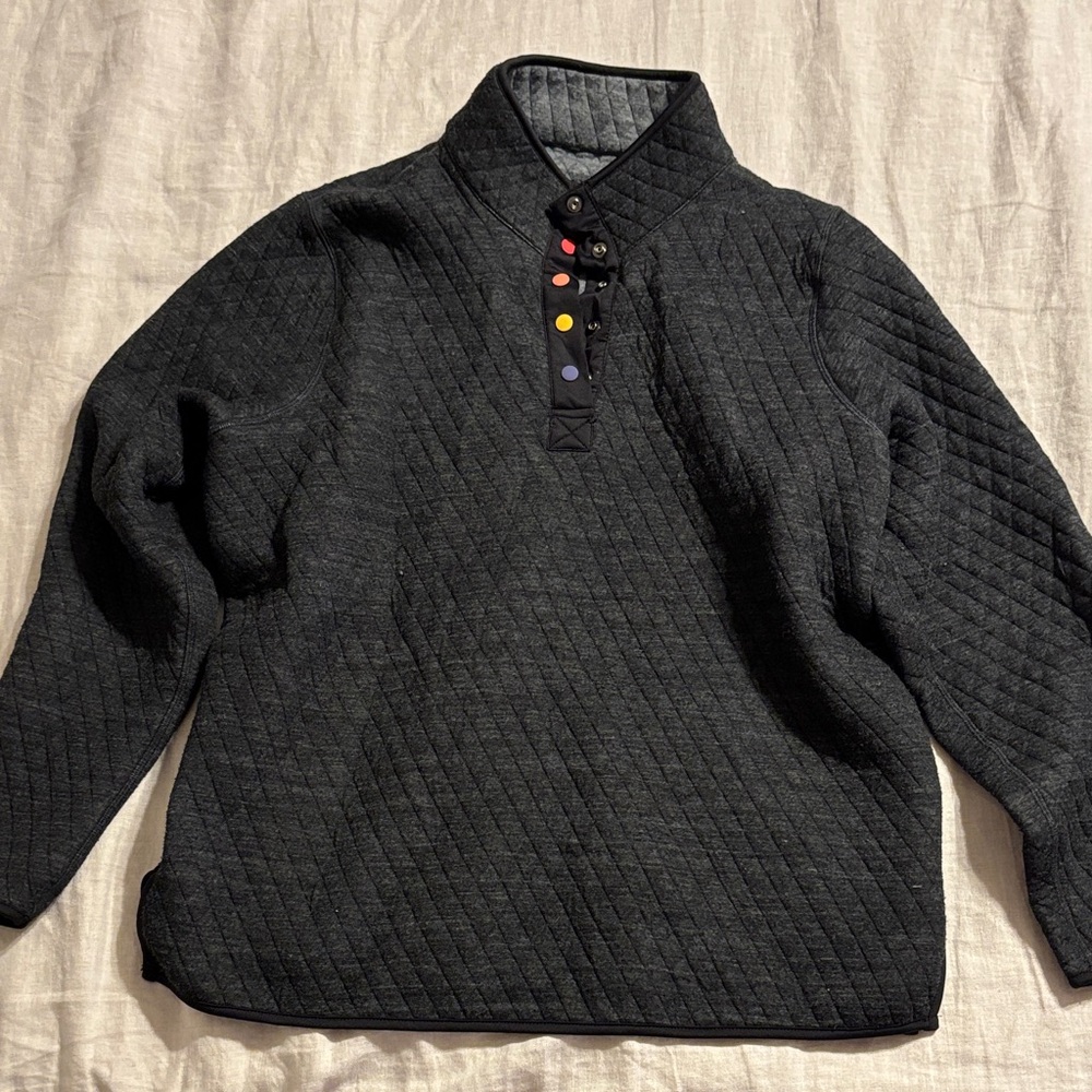 Marine Layer Quilted Black Pullover with Multi-Color Button Accents
